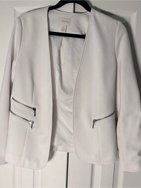Chico's White Open-Front Jacket with Zip-Pocket Accents